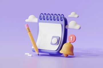 Aufkleber - A 3D render of a notepad with a pencil, eraser, notification bell, and clouds indicating note-taking and reminders.