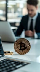 Poster - Displaying bitcoin cryptocurrency coins on a desk while a businessman analyzes investment opportunities on a laptop highlights the rising significance of digital currencies in finance