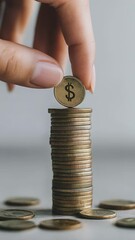 Poster - Woman adding a golden coin with dollar sign to a stack of coins, representing financial growth, savings, investment, and the concept of accumulating wealth