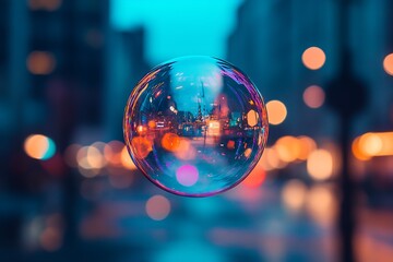 Poster - Single Floating Bubble Reflecting a Vibrant City at Night with Stunning Bokeh Effect : Generative AI