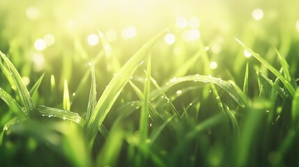 Wall Mural - Detailed Sunlit Green Grass Texture with Blades and Dew Drops