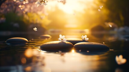 Poster - Serene Springtime on Water with Floating Cherry Blossom Petals in Zen Garden : Generative AI