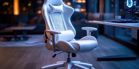 Poster - A single white office chair placed in front of a computer monitor, great for corporate or business use