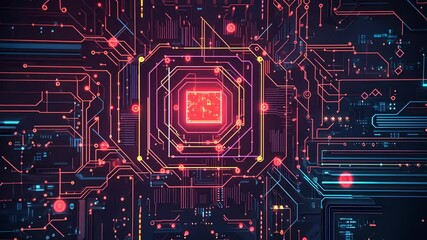 Poster - Video with the mesmerizing realm of technology with an abstract depiction of a vibrant circuit board in the image. The glowing red and blue lines intertwine on a black backdrop