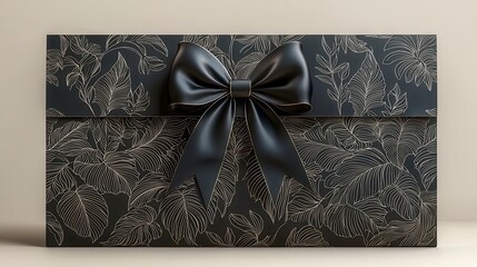 Wall Mural - Elegant black gift box with gold leaf pattern and black ribbon bow.