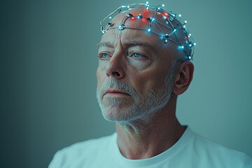 Poster - A man with electrodes attached to his head symbolizes a futuristic vision of virtual reality and mind control