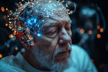 Poster - The image of a man with electrodes on his head envisions a future where virtual reality and mind control are intertwined