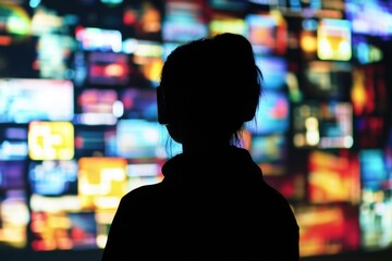 Poster - A person stands in front of a large wall covered with TVs, conveying a sense of modern technology and information overload