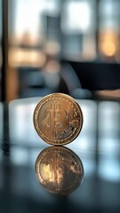 Poster - Golden bitcoin standing on a reflective surface, representing investment in cryptocurrency and the future of finance, with a blurred office background