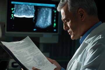 Poster - A scientist in a lab coat reading a research paper, possibly looking for new ideas or discoveries