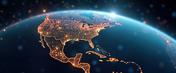 Poster - Global digital map displays America as central hub. Tech glowing data points show connections. International communication network illustrated. World map shows light patterns on globe. Global network