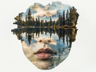 Poster - Nature art fusion textured elements blending landscape and portrait in a serene environment