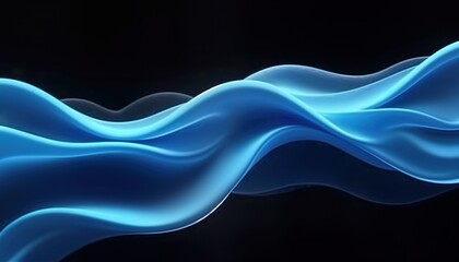 Poster - Abstract design. Soft glowing blue waves overlap sleek black background. Fluid dynamic aesthetic. Modern abstract art. Smooth lines, curves. Elegant wave pattern. Trendy visual. Creative design