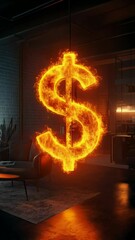 Aufkleber - Large. Fiery dollar sign hangs suspended in the air within a contemporary office space. Symbolizing the volatility and risk associated with financial markets. Investments. And economic uncertainty