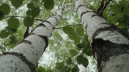 Poster - Two white birch trees with green leaves in the foreground