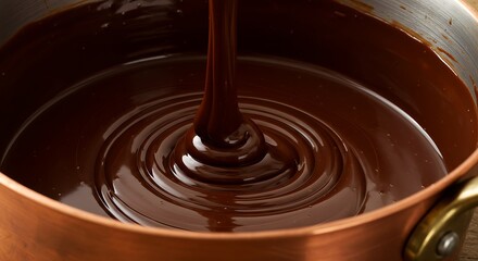 Melted chocolate pouring into a copper pot, creating a beautiful swirl of liquid chocolate.