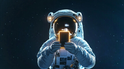 Poster - Astronaut using a smartphone on a stairwell landing in a futuristic setting