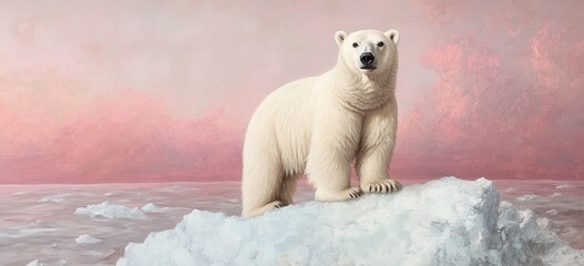 majestic polar bear on iceberg against pink sunset sky in arctic landscape