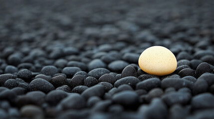 Wall Mural - A white stone rests on a smooth black surface creating a visual contrast symbolizing balance and harmony in a modern, minimalistic space with a blurred, empty background for focus

