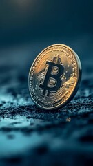 Poster - Golden bitcoin standing on dark wet asphalt reflecting light, representing innovative digital currency and decentralized finance in challenging market conditions