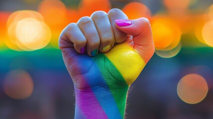 Close-up of a raised fist painted in rainbow colors with vibrant bokeh lights, symbolizing LGBTQ+ pride, equality, activism, and the ongoing fight for human rights, Generative AI