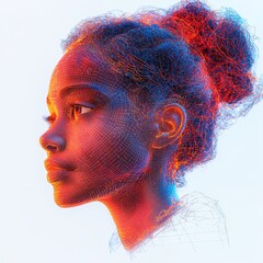Poster - StockIn the Digital Age, a Futuristic Cyber Face featuring Neon colors and a grid pattern against a transparent backdrop