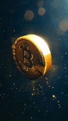 Poster - Golden bitcoin rotating in a dark space with golden glitter falling down, creating a luxurious and celebratory atmosphere perfect for representing cryptocurrency, investment, and finance