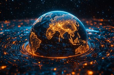 Poster - a 3d rendered globe encased in a golden frame, with a futuristic design, features major world cities