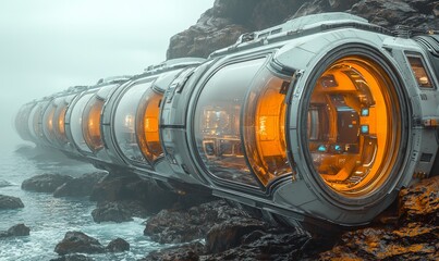 Wall Mural - an alien ocean planet hosts an underwater city with glass tunnels that glow and are home to various 