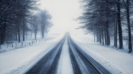 Wall Mural - Empty Snowy Road to Infinity Vanishing Point into Snowy Horizon Minimalist Winter Scene