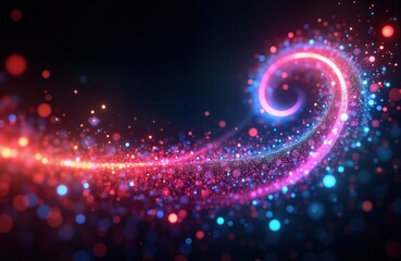 Poster - abstract digital data transfer spiral design. colorful glowing neon particles form dynamic spiral pa