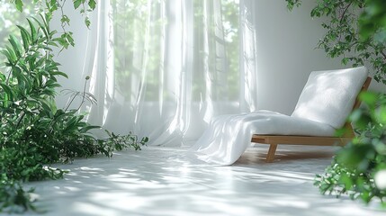 Canvas Print - White chair, vines in sunlit room for relaxation