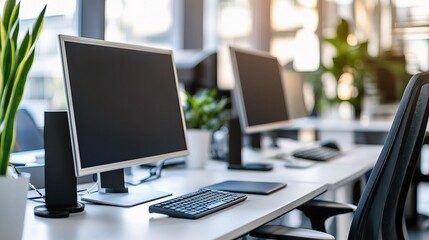 Poster - Modern Office Workspace With Blurred Background And Euphoric Bokeh