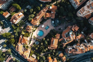 Wall Mural - Aerial view of a city with a swimming pool in the foreground, suitable for urban landscape and architecture scenes