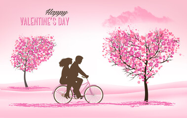Fototapete - Festive background with Valentine's Day. Bicycle with couple in love and trees with heart-shaped leaves. Vector