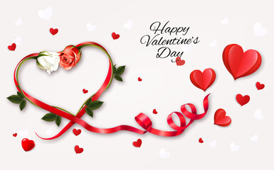 Fototapete - Happy Valentine's Day getting card  with two roses and a red heart shape ribbon. Vector.