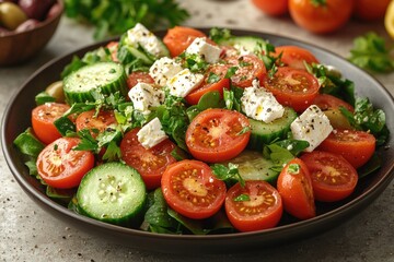 A plate of fresh salad with juicy tomatoes, crunchy cucumbers, and crumbly feta cheese