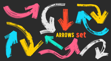 Set of brush, colorful crayon drawn bold arrows. Collection of hand drawn doodle  thick arrows in different directions. Grunge line arrow featuring diverse shapes, directions, and styles. Design arrow