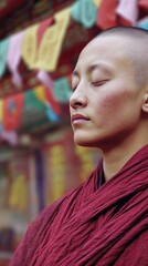 Close-up view of a monk in maroon robe meditating peacefully surrounded by faded prayer flags in a serene outdoor setting