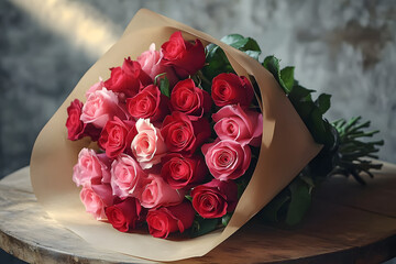 Wall Mural - bouquet of red and pink roses wrapped in kraft paper lies on rustic table softly lit and surrounded by generous copy