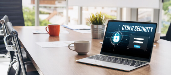 Poster - cyber security system on computer screen protect private information snugly from hacker and cyber at