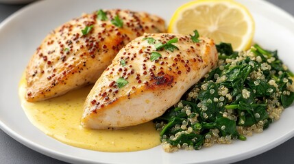 Wall Mural - Tender chicken breast in garlic lemon sauce with sautéed spinach and quinoa on a modern white plate