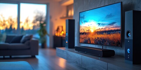 Poster - A flat screen TV sits on top of a wooden shelf, ready to be placed in your home