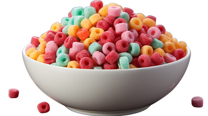 Wall Mural - Vibrant cereal rings in a white bowl on a wooden table, symbolizing a fun and tasty breakfast, studio view, isolated on transparent background.