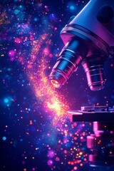 Poster - microscope exploring microscopic world with swirls of colorful particles on blue background