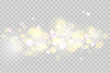 Poster - Sparkling golden particles, glowing bokeh lights isolated on dark transparent background