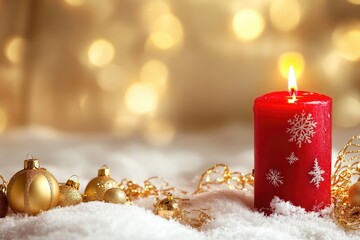 Wall Mural - A single red candle sits atop a blanket of snow, providing warmth and light in the winter scene