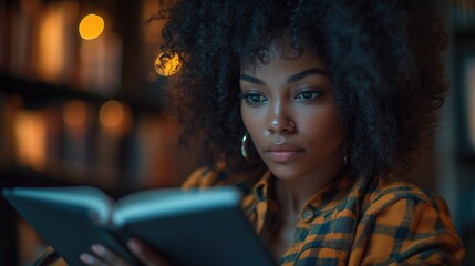 Poster - A person examining a tablet device, potentially reviewing or browsing content