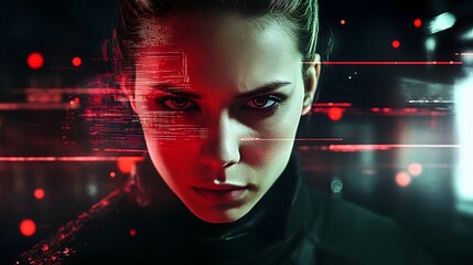 Poster - Cyberpunk Woman Digital Art Red Neon Lights Futuristic Portrait Technology Female Face Abstract Background Modern Graphic Design High Resolution Image girl dark