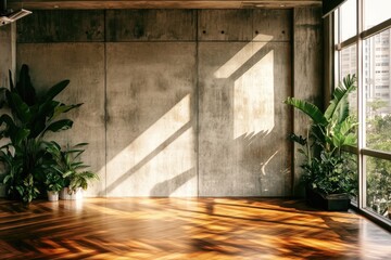 Poster - Cozy interior scene with wooden flooring and big windows, perfect for home decor or office use